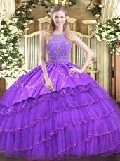 Extravagant Satin and Tulle Sleeveless Floor Length Quinceanera Dress and Beading and Embroidery and Ruffled Layers