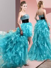 High Low Aqua Blue Prom Gown Organza Sleeveless Beading and Ruffles