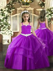 Straps Sleeveless Tulle Pageant Gowns For Girls Appliques and Ruffled Layers Lace Up