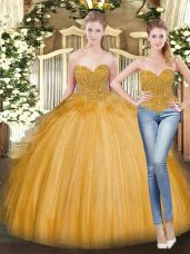 Designer Gold Sweetheart Lace Up Beading and Ruffles Quince Ball Gowns Sleeveless
