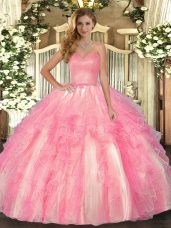 Classical Sweetheart Sleeveless Lace Up Quinceanera Gowns Rose Pink Organza