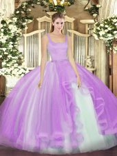 Dramatic Lavender Ball Gowns Tulle Straps Sleeveless Beading Floor Length Zipper Quinceanera Gown