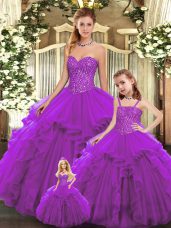 Artistic Sleeveless Floor Length Beading and Ruffles Lace Up Sweet 16 Quinceanera Dress with Eggplant Purple
