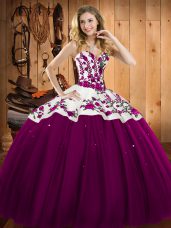 Chic Fuchsia Sweetheart Lace Up Embroidery Sweet 16 Dresses Sleeveless
