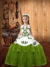 Olive Green Lace Up Straps Embroidery Pageant Dress for Girls Tulle Sleeveless