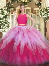 Hot Pink Zipper Scoop Lace and Ruffles Quinceanera Gown Organza Sleeveless