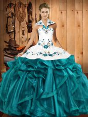 Teal Halter Top Lace Up Embroidery and Ruffles 15 Quinceanera Dress Sleeveless