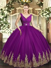 Sexy Eggplant Purple Sleeveless Floor Length Beading and Appliques and Ruching Backless Quince Ball Gowns