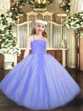 Dramatic Lavender Ball Gowns Tulle Straps Sleeveless Beading and Lace Floor Length Zipper Pageant Gowns For Girls