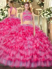 Floor Length Two Pieces Sleeveless Coral Red 15 Quinceanera Dress Backless