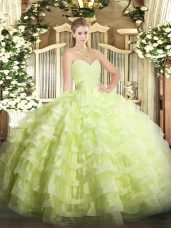 Yellow Green Quinceanera Dresses Military Ball and Sweet 16 and Quinceanera with Beading and Ruffled Layers Sweetheart Sleeveless Lace Up