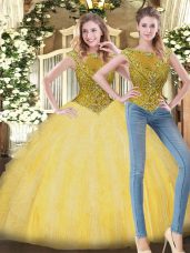 Free and Easy Floor Length Zipper 15th Birthday Dress Champagne for Military Ball and Sweet 16 and Quinceanera with Beading and Ruffles