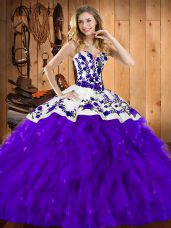 Sweetheart Sleeveless Satin and Organza Ball Gown Prom Dress Embroidery and Ruffles Lace Up