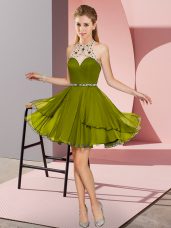 Olive Green Sleeveless Beading Mini Length Prom Dress