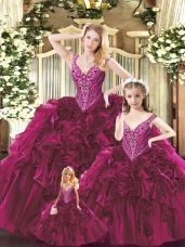 Captivating Straps Sleeveless Ball Gown Prom Dress Floor Length Beading and Ruffles Red Organza
