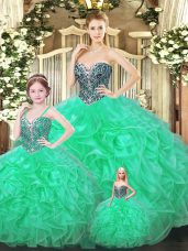 Exquisite Green Organza Lace Up Sweetheart Sleeveless Floor Length Quinceanera Dresses Ruffles
