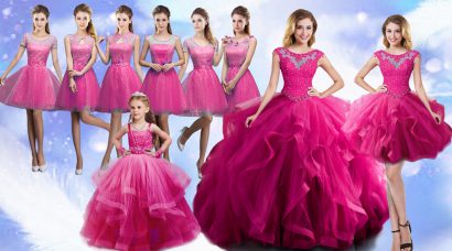 Unique Sleeveless Floor Length Beading and Ruffles Lace Up Sweet 16 Dress with Fuchsia