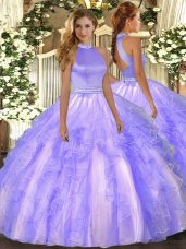 Latest Lavender Ball Gowns Halter Top Sleeveless Organza Floor Length Backless Beading and Ruffles Quinceanera Dress
