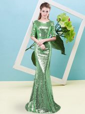 Custom Made Mermaid Prom Party Dress Green Scoop Sequined Half Sleeves Floor Length Zipper