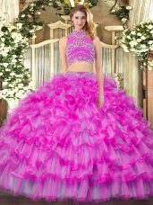 Modern Floor Length Backless Sweet 16 Dress Lilac for Military Ball and Sweet 16 and Quinceanera with Beading and Ruffled Layers