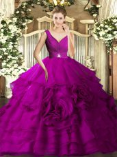 Eye-catching Floor Length Fuchsia Quinceanera Dresses V-neck Sleeveless Backless