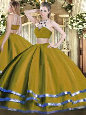 Stunning High-neck Sleeveless Sweet 16 Quinceanera Dress Floor Length Beading Olive Green Tulle