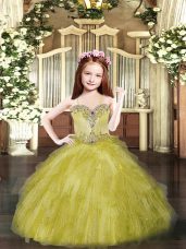 Trendy Olive Green Party Dresses Party and Quinceanera with Beading and Ruffles Spaghetti Straps Sleeveless Lace Up