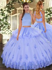 Pretty Light Blue Backless Halter Top Beading and Appliques and Ruffles Sweet 16 Dress Tulle Sleeveless