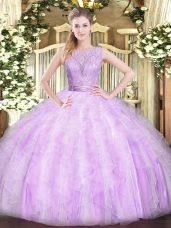 Lilac Sleeveless Lace and Ruffles Floor Length Quinceanera Dress