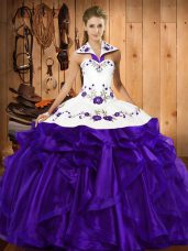 Graceful Purple Sleeveless Floor Length Embroidery and Ruffled Layers Lace Up Quince Ball Gowns