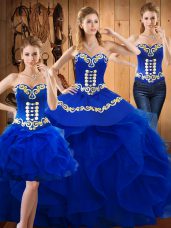 Comfortable Satin and Organza Sleeveless Floor Length Quinceanera Dresses and Embroidery and Ruffles