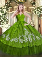 V-neck Sleeveless Zipper Ball Gown Prom Dress Olive Green Satin and Tulle