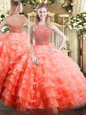 Stylish Orange Red Sleeveless Beading and Ruffled Layers Floor Length Ball Gown Prom Dress