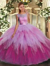 Custom Design Multi-color Backless Scoop Ruffles Ball Gown Prom Dress Organza Sleeveless