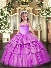Lilac Lace Up Kids Formal Wear Appliques and Ruffled Layers Sleeveless Floor Length