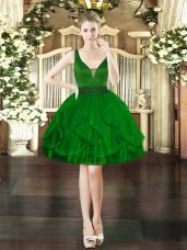 Pretty Sleeveless Mini Length Beading and Ruffles Lace Up Homecoming Dress with Dark Green