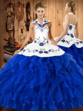 Blue And White Ball Gowns Satin and Organza Halter Top Sleeveless Embroidery and Ruffles Floor Length Lace Up Quinceanera Dress