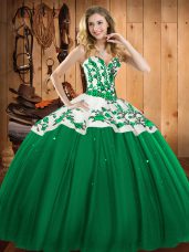 Classical Floor Length Lace Up 15th Birthday Dress Dark Green for Military Ball and Sweet 16 and Quinceanera with Embroidery