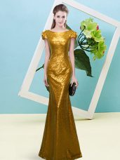 Gold Sequined Zipper Scoop Cap Sleeves Floor Length Prom Dresses Sequins