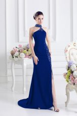 Nice Royal Blue Elastic Woven Satin Lace Up Prom Dresses Sleeveless Sweep Train Beading