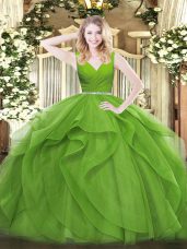 Tulle V-neck Sleeveless Zipper Beading and Ruffles Quinceanera Gowns in