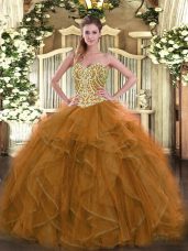 Custom Designed Sleeveless Floor Length Beading Lace Up 15th Birthday Dress with Brown