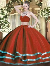 Wine Red Backless High-neck Beading Sweet 16 Dresses Tulle Sleeveless