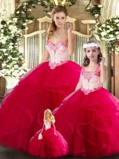 Custom Design Red Sweetheart Lace Up Beading and Ruffles 15 Quinceanera Dress Sleeveless