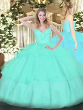 Exceptional Apple Green Organza Zipper Spaghetti Straps Sleeveless Floor Length Ball Gown Prom Dress Ruffled Layers