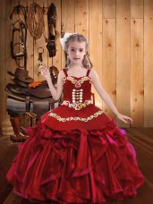 Perfect Red Sleeveless Embroidery and Ruffles Lace Up Casual Dresses