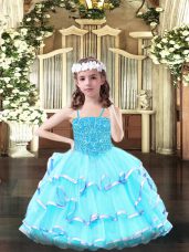 Aqua Blue Ball Gowns Spaghetti Straps Sleeveless Organza Floor Length Lace Up Beading and Ruffled Layers Kids Pageant Dress