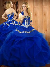 Sleeveless Organza Floor Length Lace Up Sweet 16 Dress in Blue with Embroidery and Ruffles