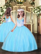 Sleeveless Tulle Floor Length Lace Up Teens Party Dress in Aqua Blue with Beading