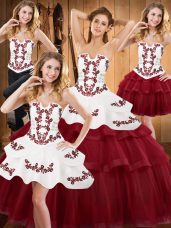 Sumptuous Strapless Sleeveless Satin and Organza Quinceanera Dresses Embroidery and Ruffled Layers Lace Up